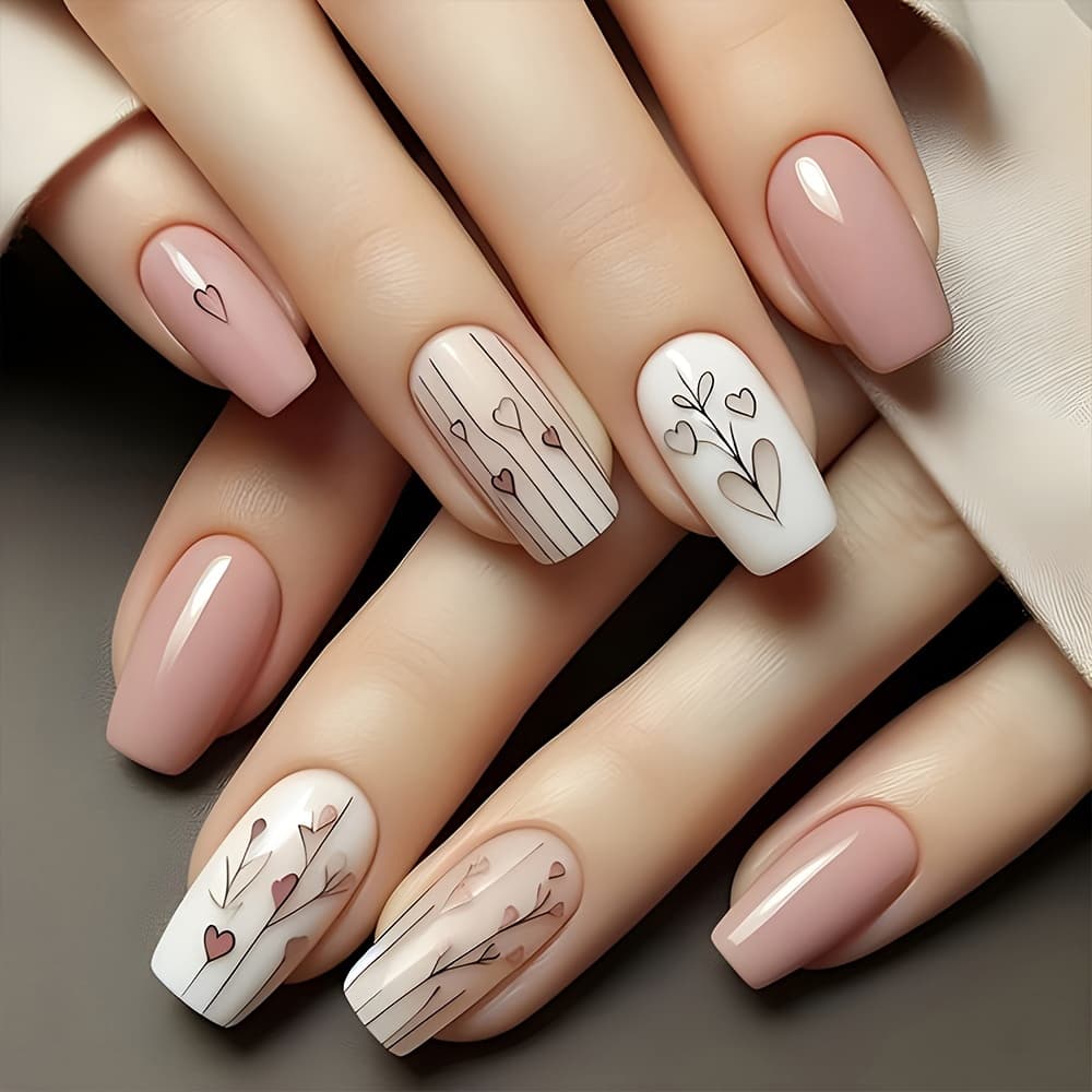TEMU 24pcs Medium Square Press On Nails Pink And White False Nails With Hearts And Trees And Stripes Reusable Fake Nails For Women