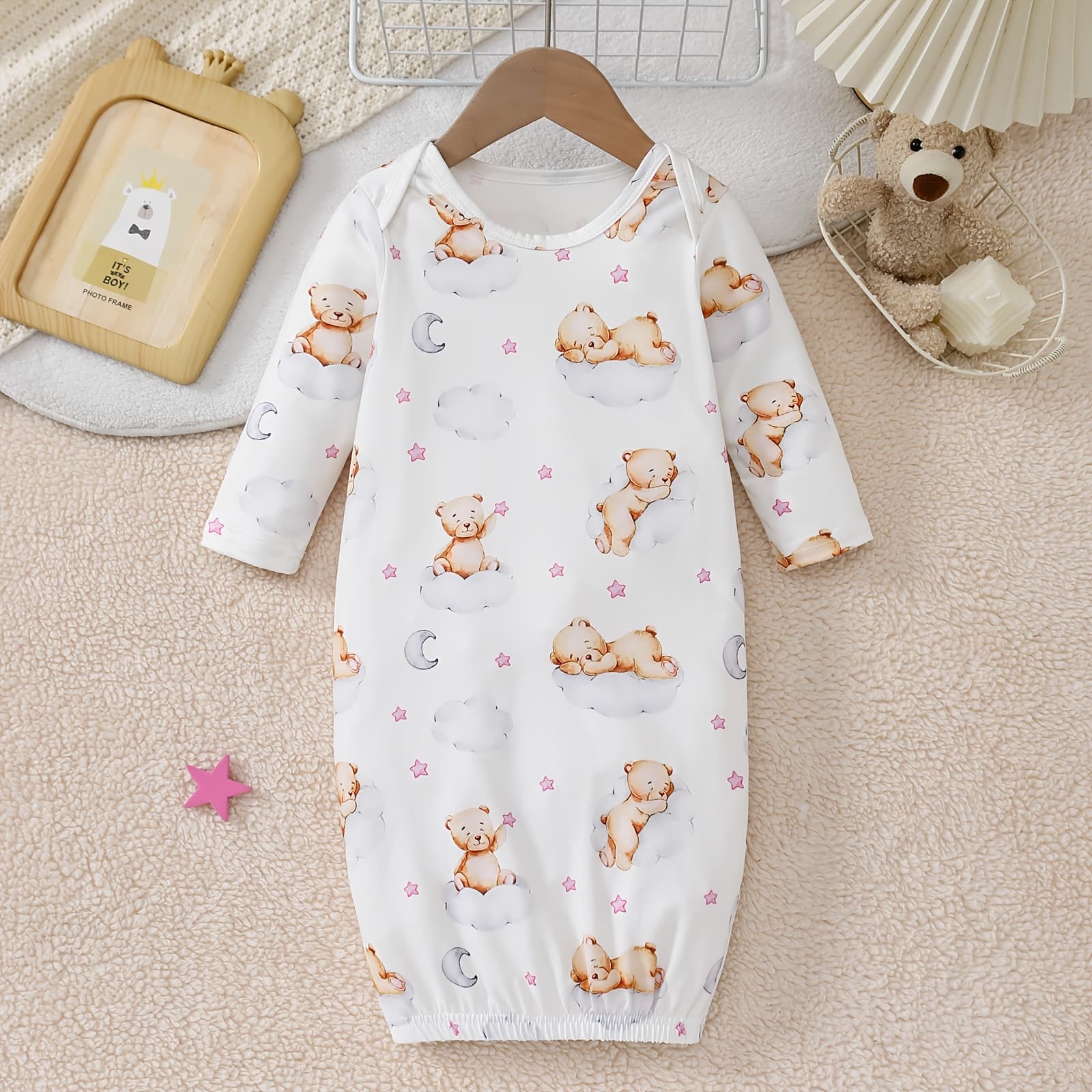 TEMU For Newborns (0-6 Months): Moon Round Bear Baby Gown | Lightweight, Breathable, Moisture-wicking, , Polyester Fiber, Animal Print, Machine Washable
