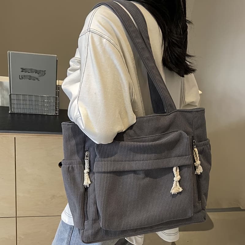 TEMU New Striped Corduroy Multi-pocket Shoulder Bag Suitable For Casual Shopping Commuting Short Trips Bag Style