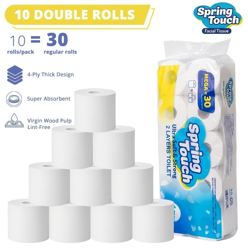 TEMU 10-roll Household Toilet Paper, Made From Wood , And Strong, 4-ply, Skin, Thick And Unstained Paper, , Suitable For Hotels, Dining Cars, Offices, Homes, Toilets, And Bathrooms