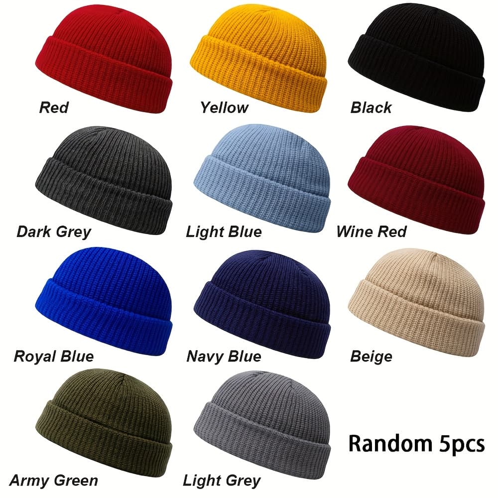 TEMU 5pcs Unisex Winter Warm Thick Knit Skull Beanie, Acrylic, Solid Color, Stretchable Ribbed Design, Warm Street Style Knitted Hat With For Men And Women, Hats Color Random