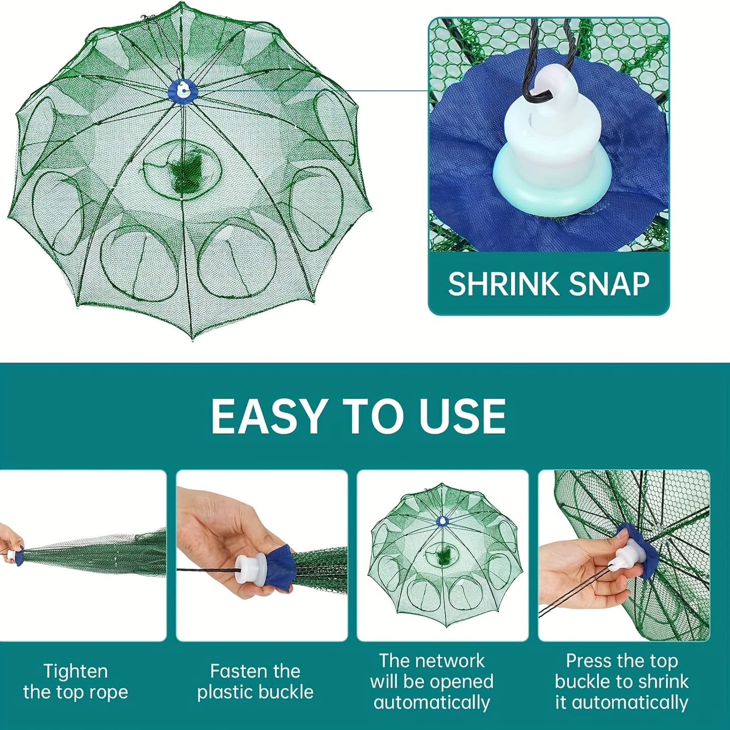 TEMU A 10-hole Trap Ideal For Crabs, Shrimp, And Fish. This Portable, Foldable Features A Sturdy Mesh Design, Making It Perfect For Freshwater And Saltwater Fishing, Catering To Novices And