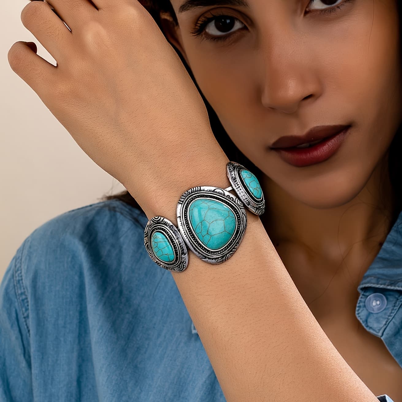 TEMU Bohemian Style Geometric Turquoise Pattern Versatile Spring Fashion Bracelet For Women, Ideal For Gifting
