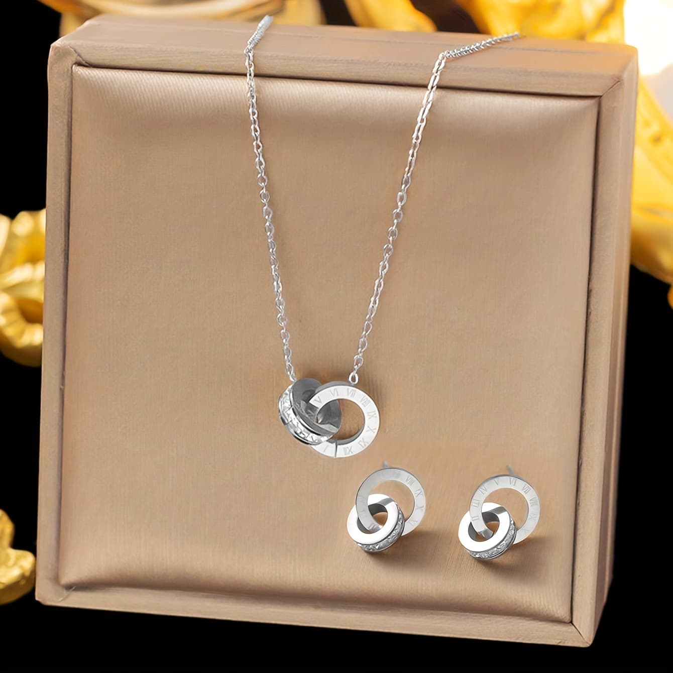 TEMU A Set Of 3pcs, Elegant And Fashionable Double Ring Roman Numeral Engraved Stainless Steel Necklace And Earring Set, Suitable For Women To And Attend Banquets Or As A Gift