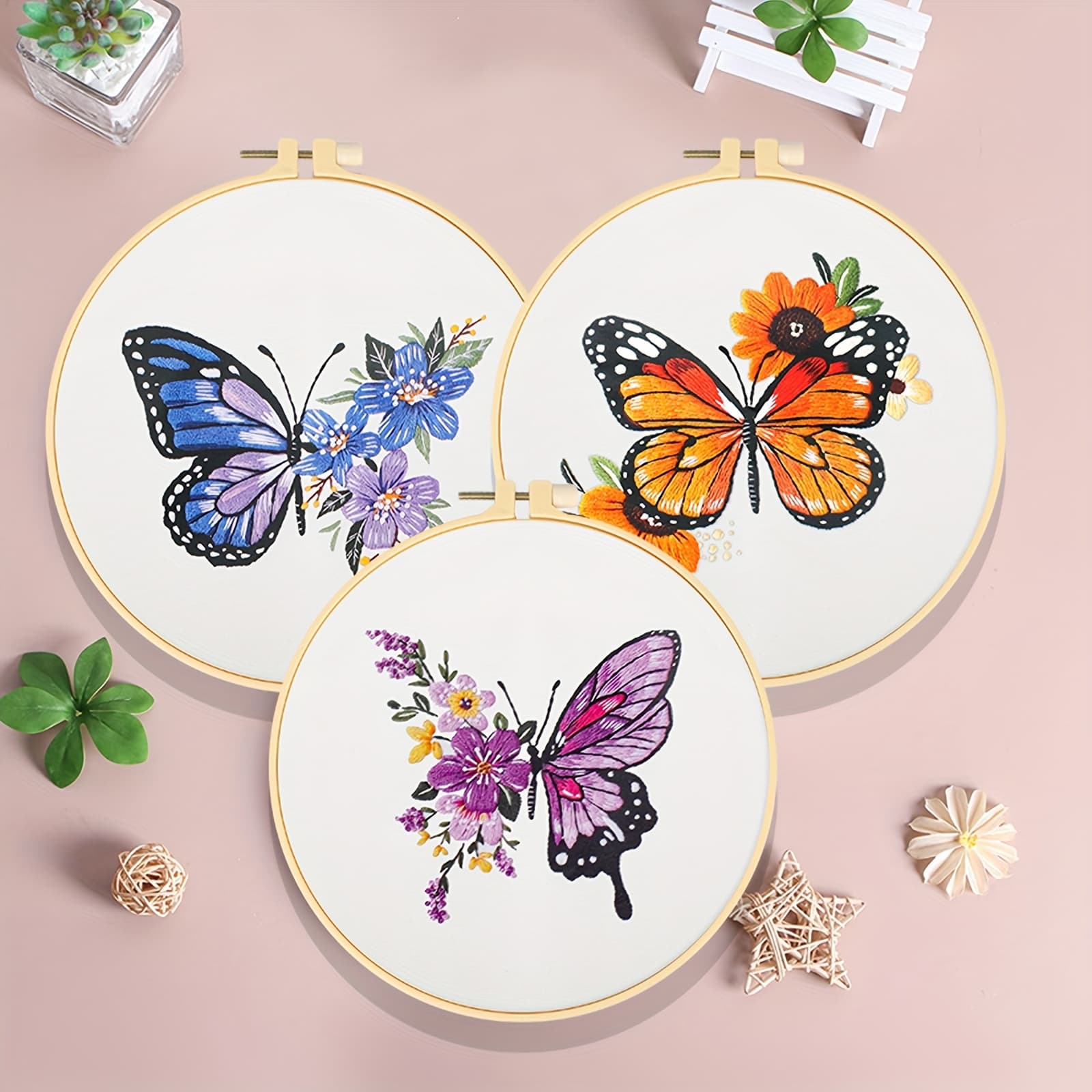 TEMU 3pcs Embroidery Set For Beginners & Adults, Theme Embroidery Bundle With Cloth, Thread, Needles & Instructions, Diy , Ideal For All