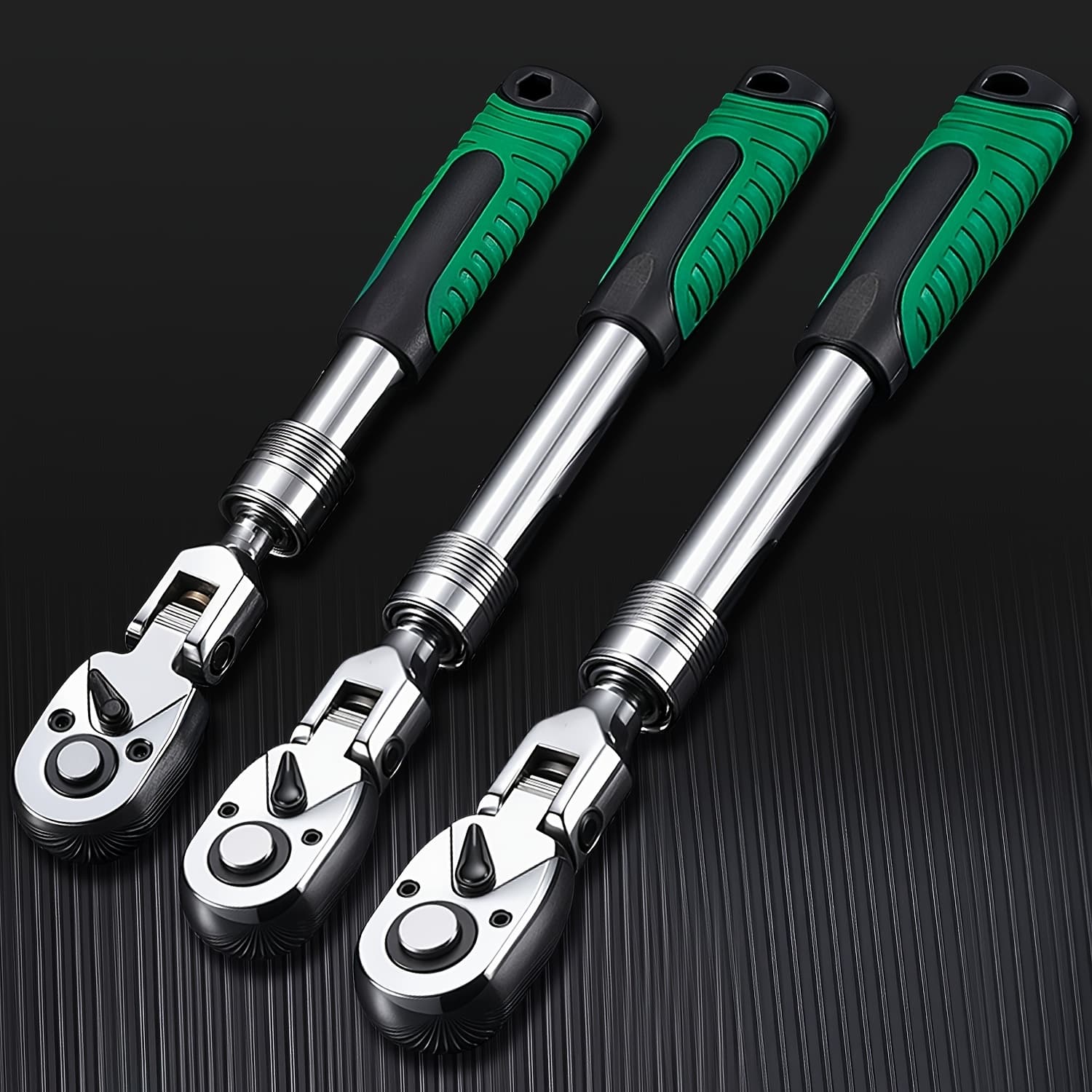 TEMU 3pcs Extendable Flex-head Ratchet Wrench Set, 1/4", 3/8", 1/2" Drive, 72-tooth, Rubber Grip, Adjustable Length - Professional Automotive And Tools