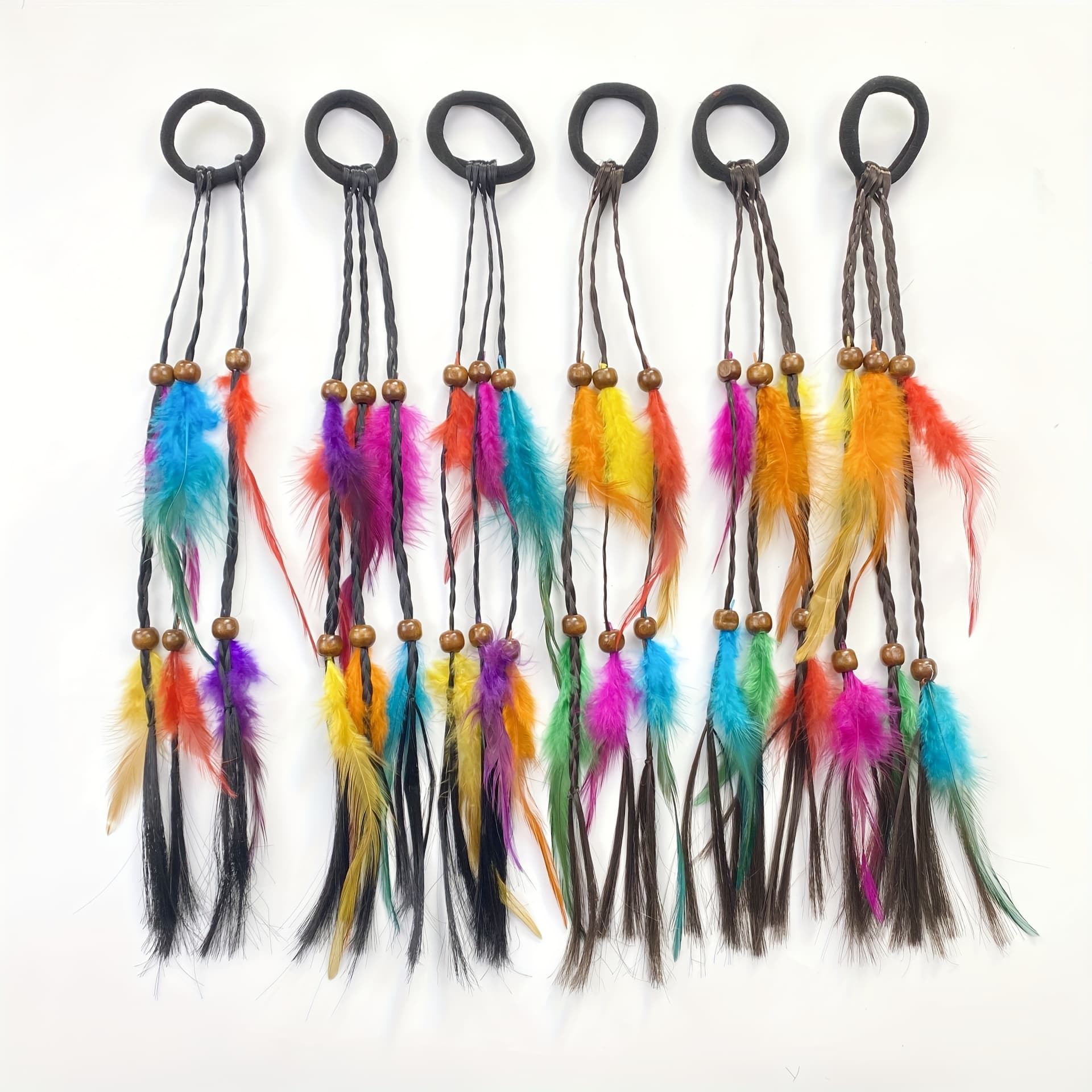 TEMU 6pcs Set Random Mixed Color Feather Colored Ribbon Braid Head Rope Braided Hair Colored Rope Feather Hair Loop Hair Band Colored Ribbon Rope