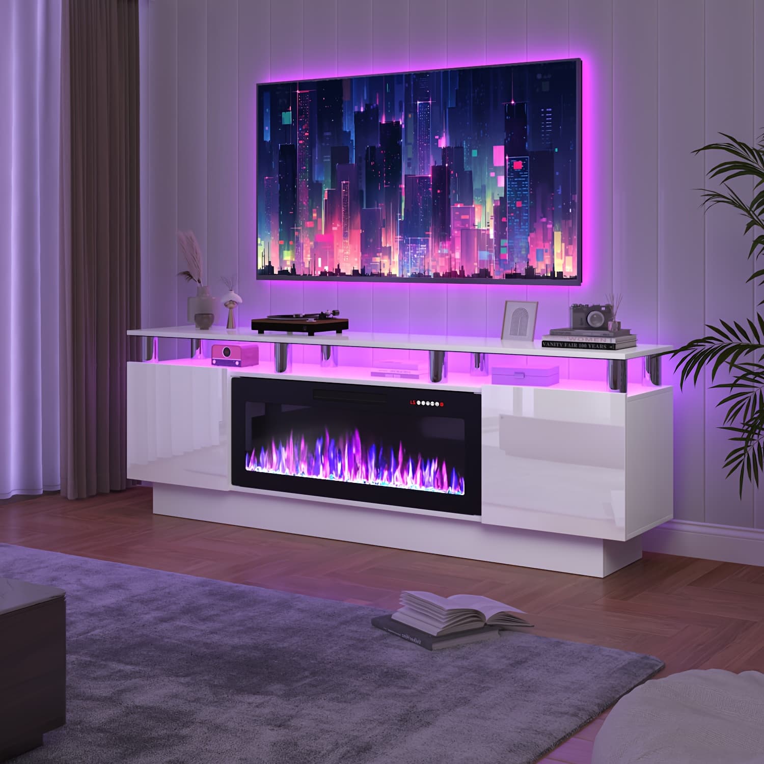 TEMU 70-inch Contemporary Tv Stand Featuring A 36-inch Electric Fireplace, Designed As For Televisions Up To 80 Inches, With Modern Wooden Media Storage Cabinets Suitable For The Living Room