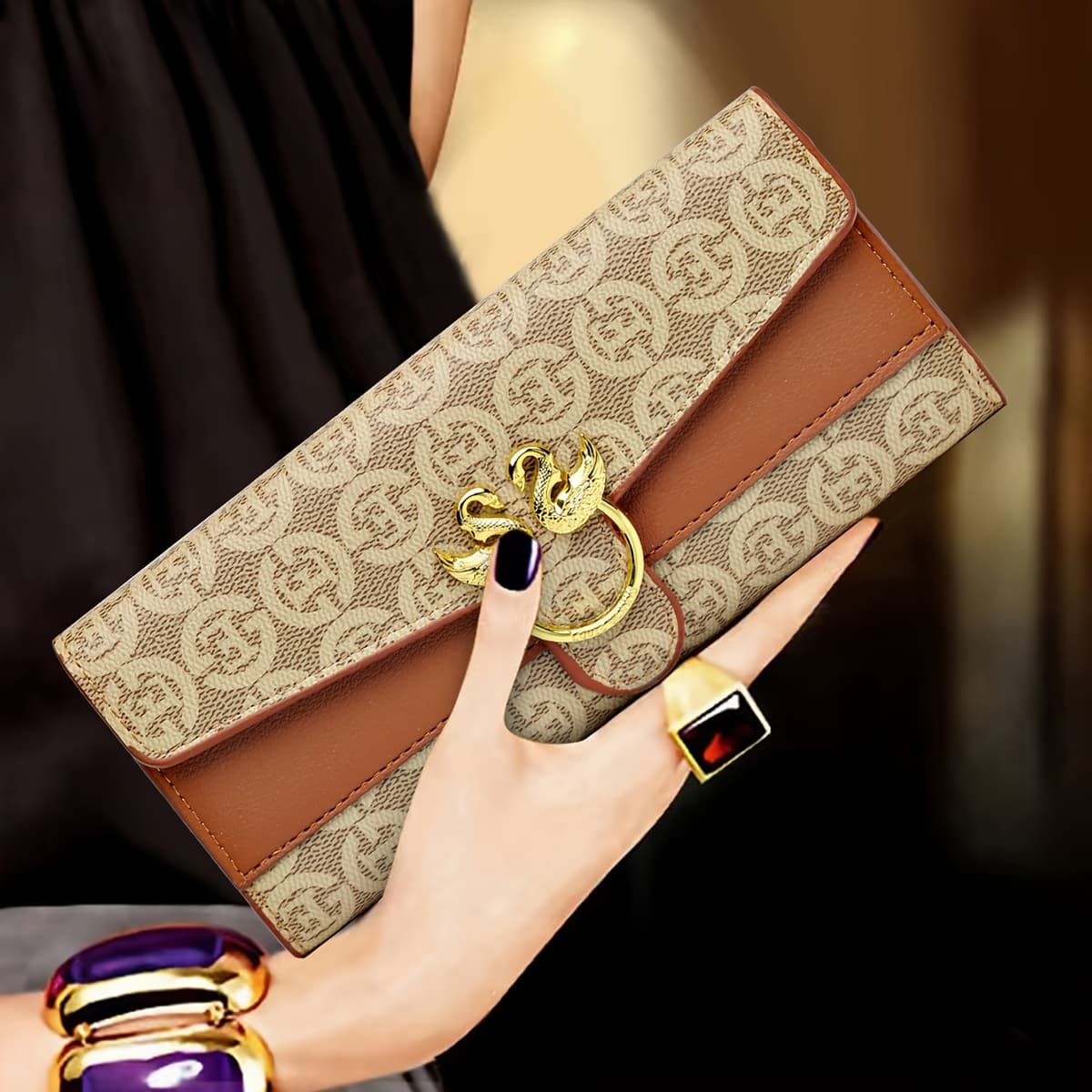 TEMU Elegant Vintage Designer Clutch Wallet For Women - Synthetic Leather, Card Holder, Beige With Golden-tone Accents, Intricate Patterns, Evening Or Formal Occasions, Cute Wallet