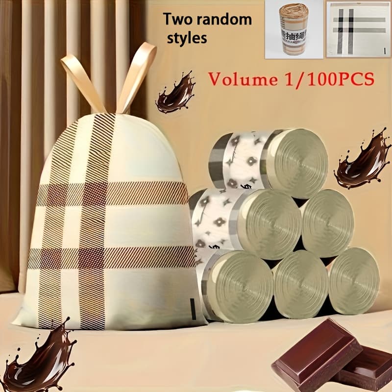 TEMU 1 Roll/100 Checkered Stripe Garbage Bags, Random Style, Household Use, Thickened, , Drawstring, Brown Color, Handheld, Suitable For Use In Kitchen, Toilet, Bathroom, And Living Room
