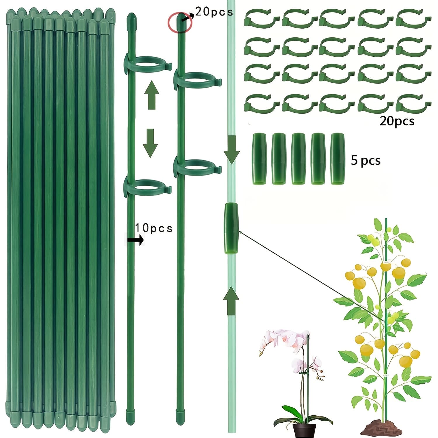 TEMU 55pcs Plant Support Set, Climbing Aid Kit, Includes 10 Plant Supports + 20 Pole Ends With 20 Round Clips And 5 , Tomato Climbing Aid, Indoor Plant Climbing Support, Plant Support, Plant Stakes