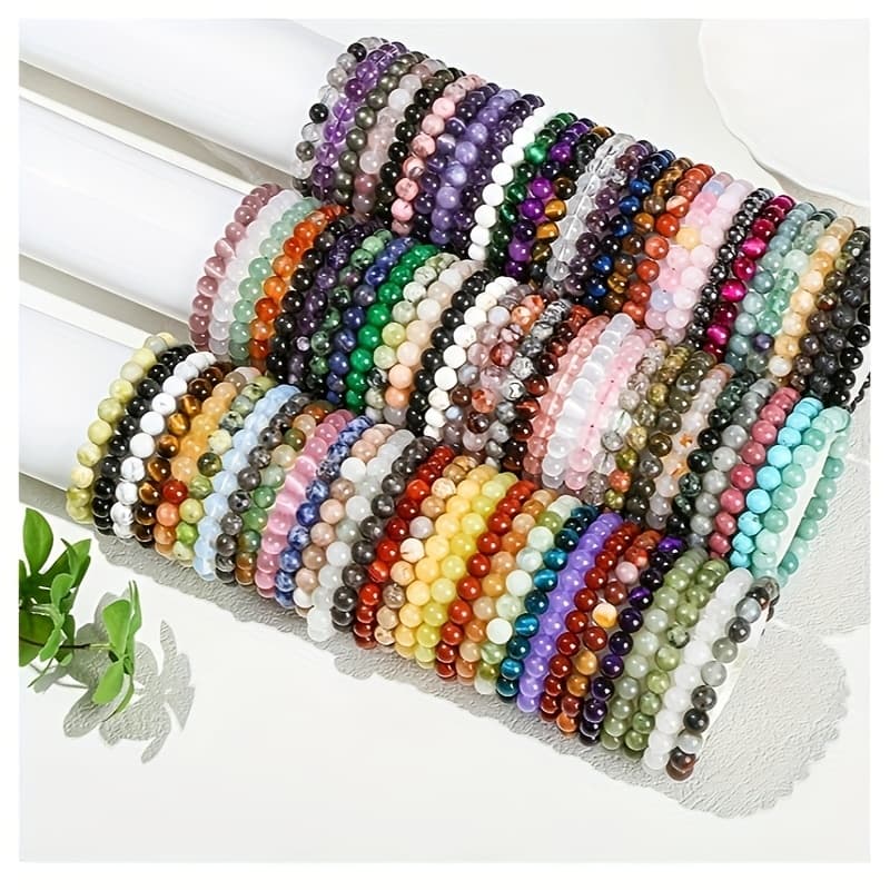 TEMU Random 10/ 20pcs Of Handcrafted Stone Bead Bracelet - Multiple Colors, 8mm Beads, Elastic, Handcrafted Beaded Bracelet, Elegant Style | Valentine's Day Accessory Gift