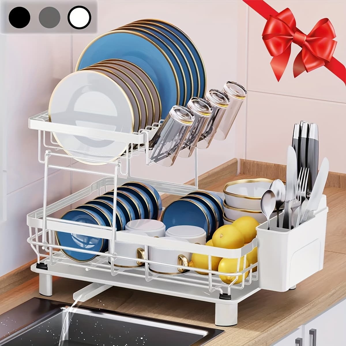 TEMU Dish Drying Rack, 2-tier Dish Racks For Kitchen Counter, Large Capacity Dish Rack With Removable Utensil Holder, Dish Drying Rack With And Kitchen Sink