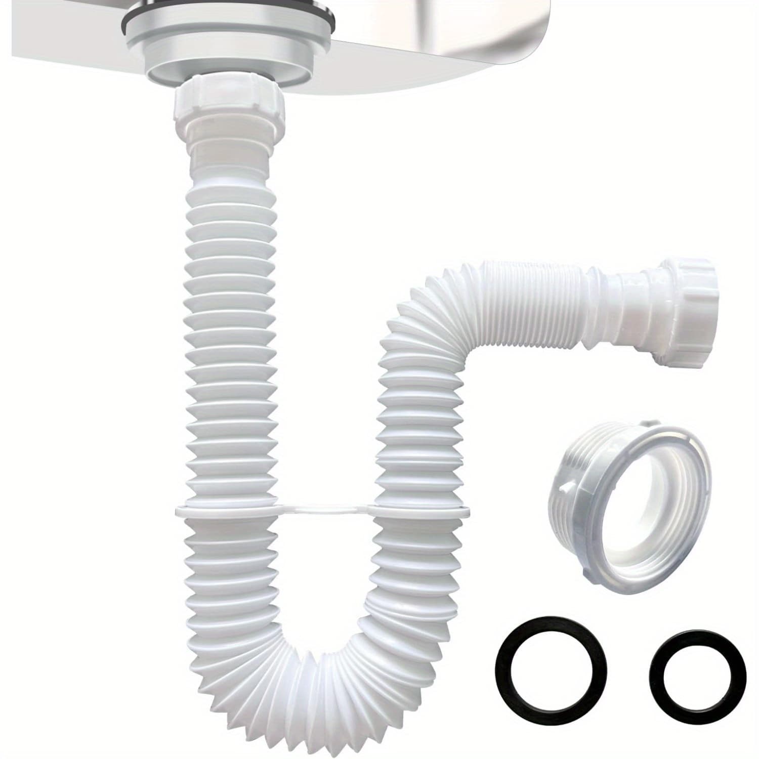 TEMU 1set Sink Drain Pipe 1-1/2", Flexible Drain Pipe, 7.5"-17.7" Expandable Flexible P Trap For Bathroom And Kitchen, Under Sink Plumbing, 1-1/4" Adapter Included