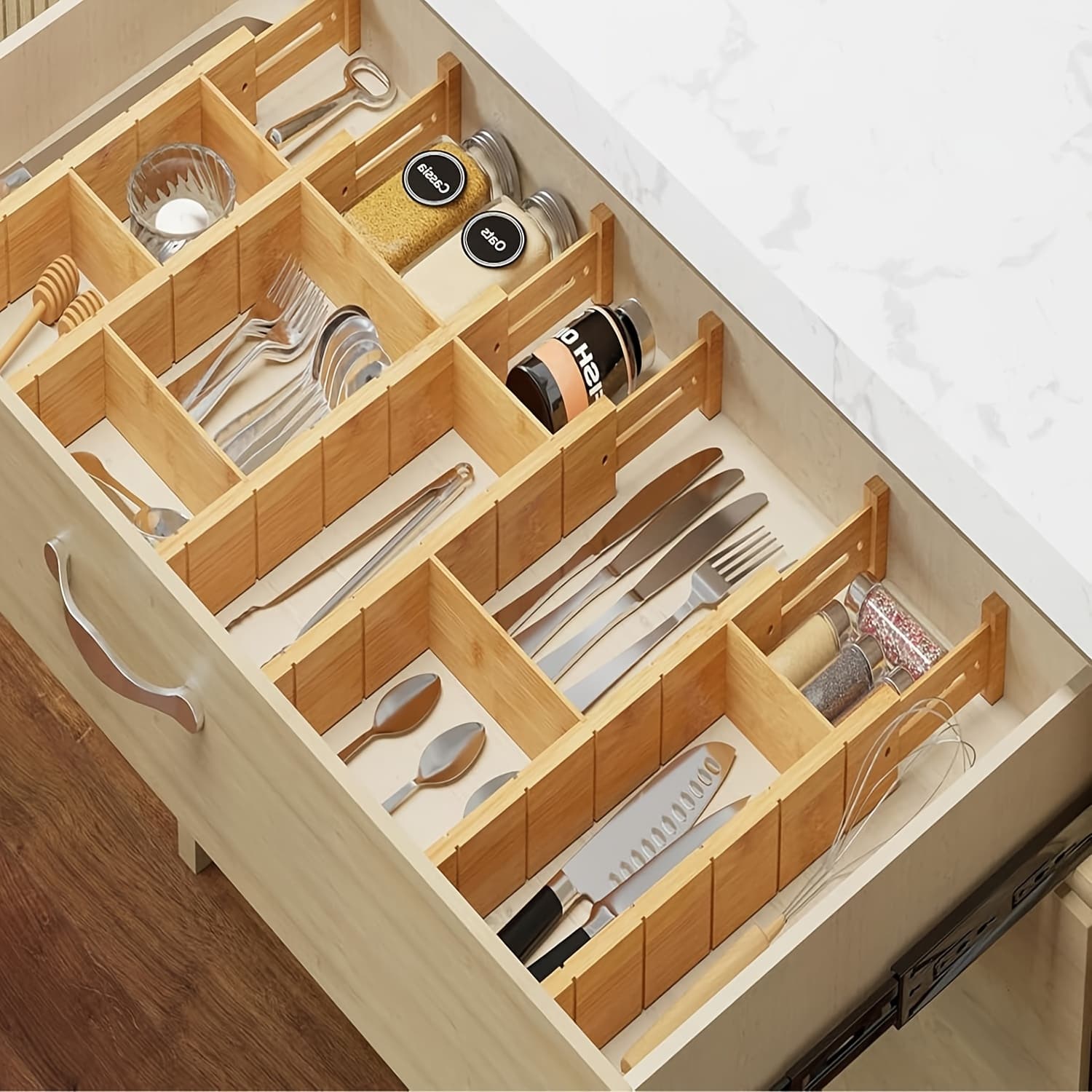 TEMU 13.25-17 In Expandable Bamboo Drawer Dividers, Adjustable Organizers With Labels And Inserts For Dressers, Kitchen, Office, Desk & Drawer Organizer For Home Storage