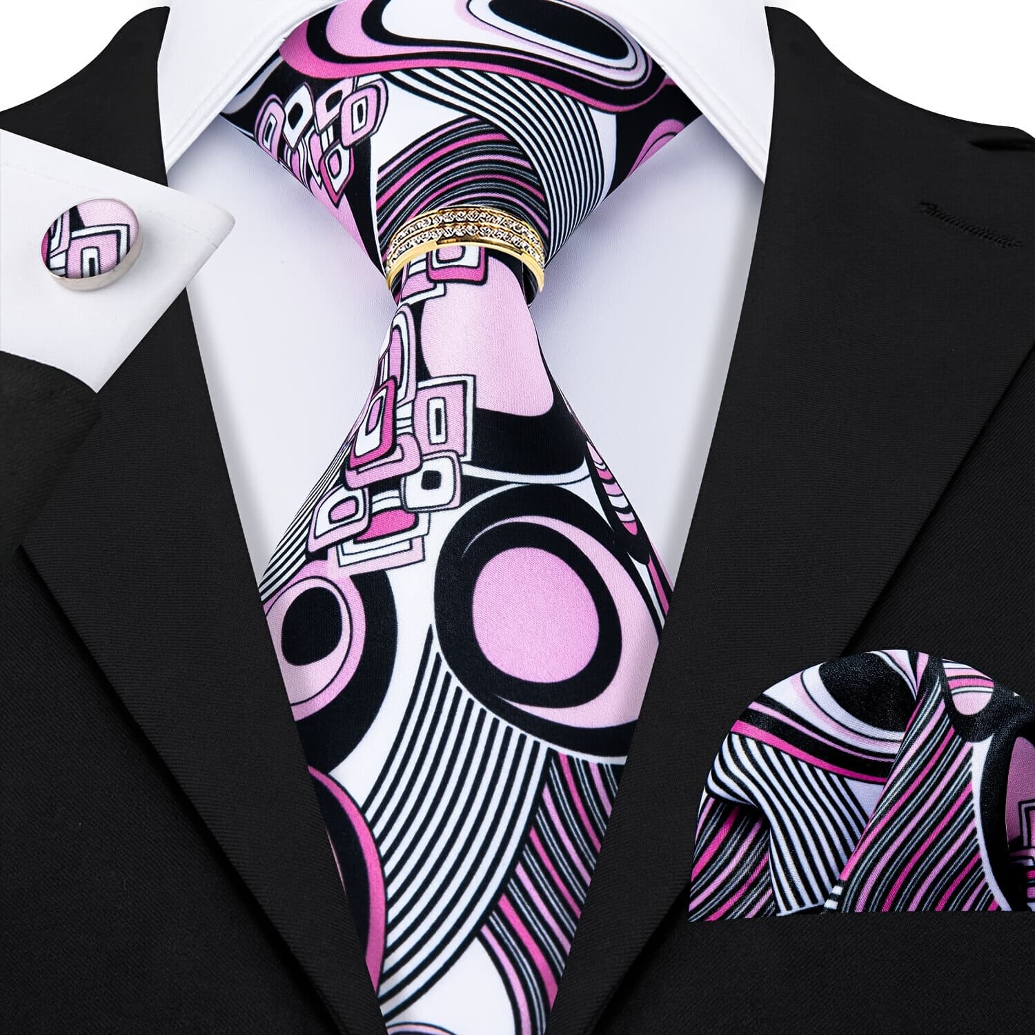 TEMU 4pcs Men's Frivolous Tie Printing Tie Breathable Necktie Hanky Square Cufflinks Ring Set Wedding Party Groomsman Gift