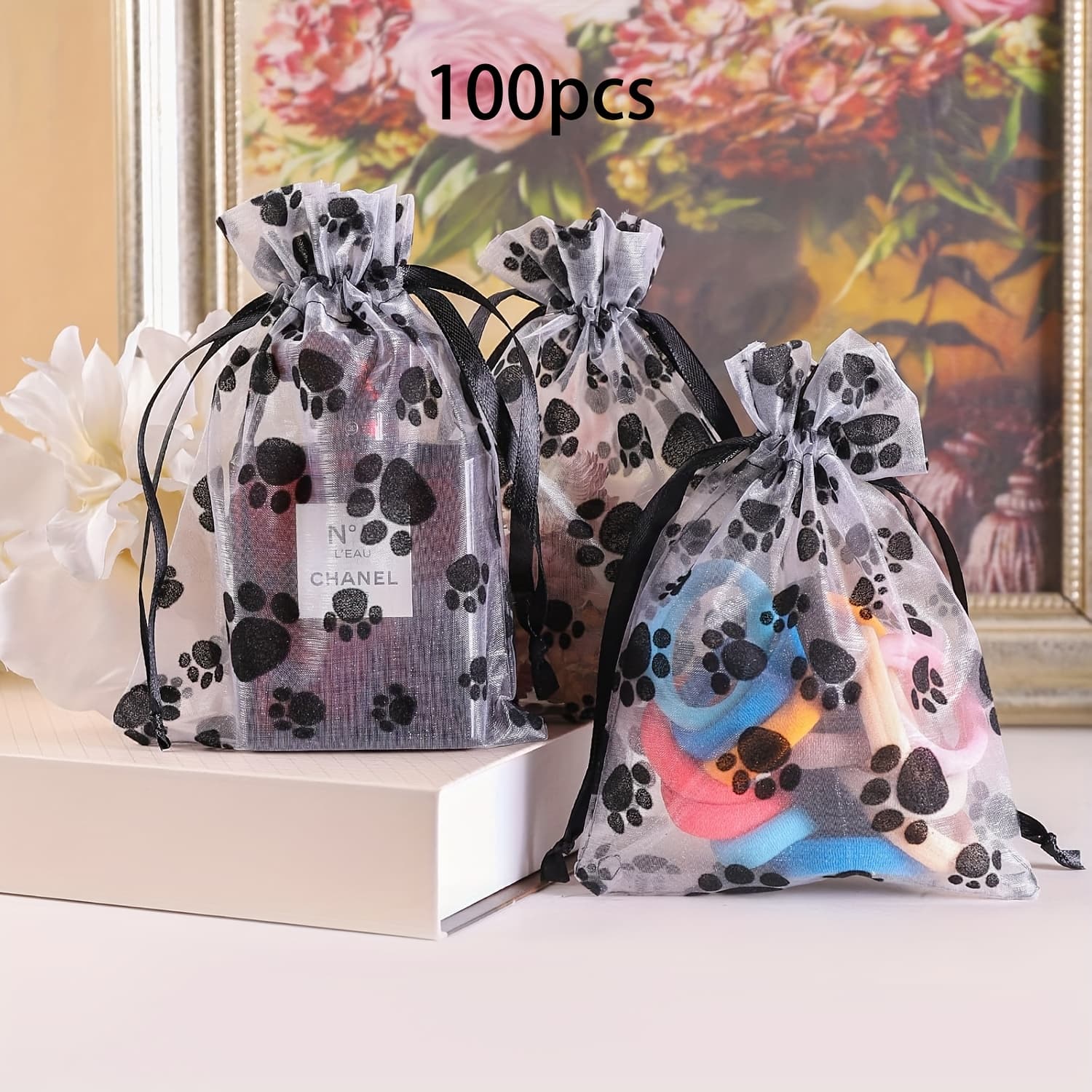 TEMU Gift For Her/him 100pcs Of Gauze Bags With Dog , Drawstring Gift Bags