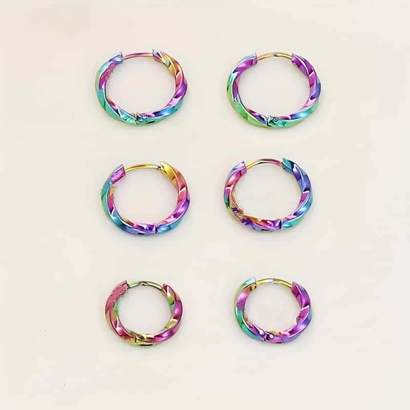 TEMU New 6pcs Square Twisted Small Crowd Men's Trendy Stainless Steel Ear Circle Earring Set Suitable For Women To Match Clothes Geometric Twist Braided Round Ear Ear Stud Set Inner Diameter 10mm-14