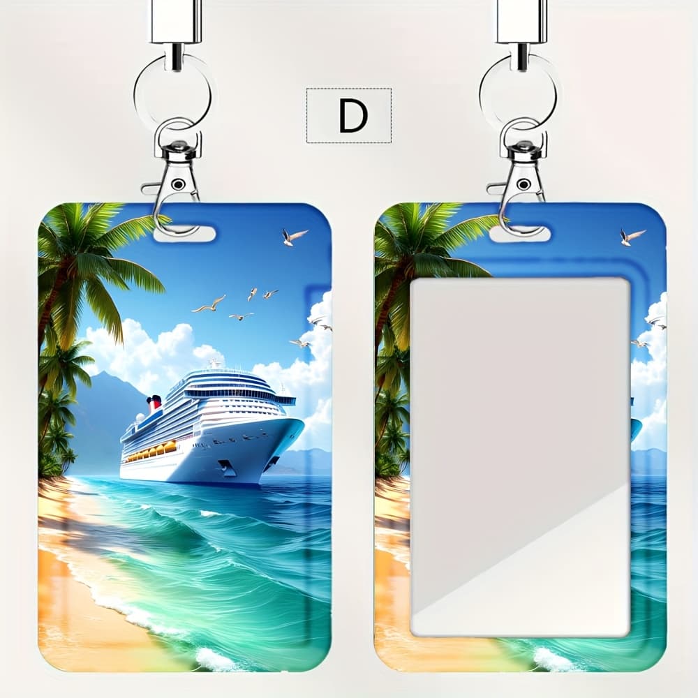 TEMU Coastal Cruise Series Card Holder: Coconut Beach And Luxury Cruise Id Organizer - Vibrant Purple Plastic Card Case For Doctors, Nurses, Office Workers & Students - Durable Hospital, Clinic