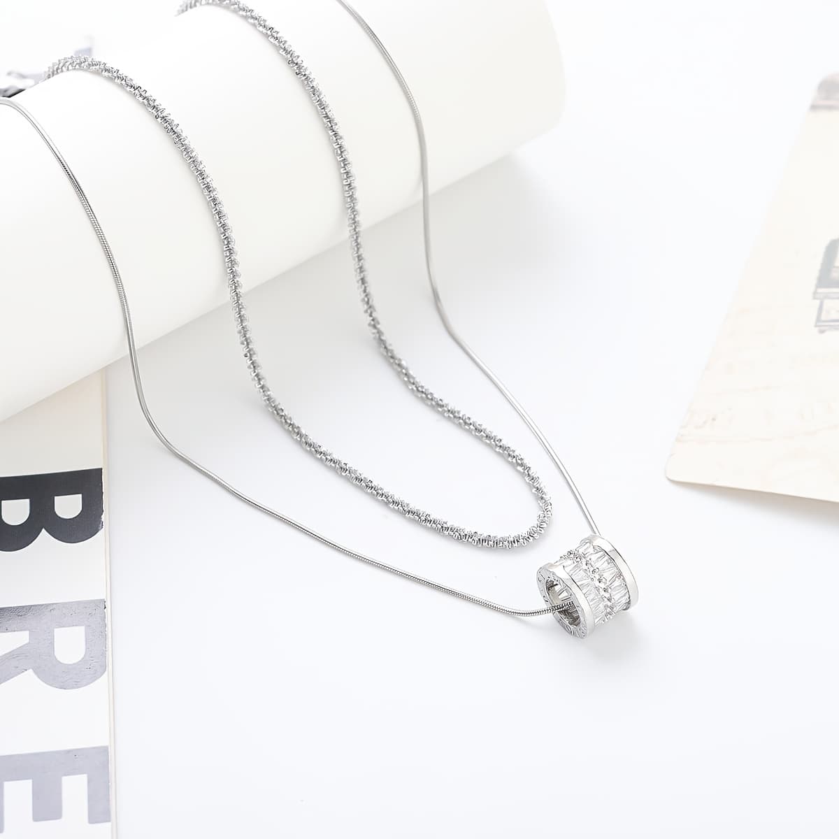 TEMU S925 Pure Silvery Elegant Double Layered Clavicle Chain Necklace For Women, Sweater Chain With Synthetic Cubic Zirconia, Versatile For Daily & Gift Occasions, All