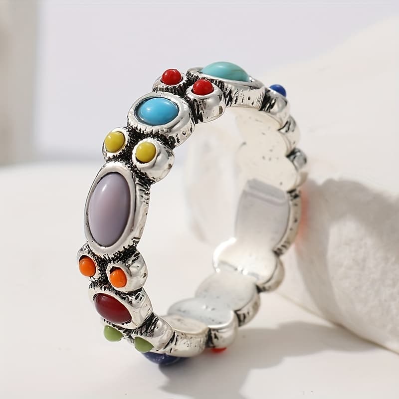 TEMU 1pc Women's Boho Ring -vintage Colored Beads Band Ring - Silvery Color Bohemian Ring-bohemian Ring Gift For Women
