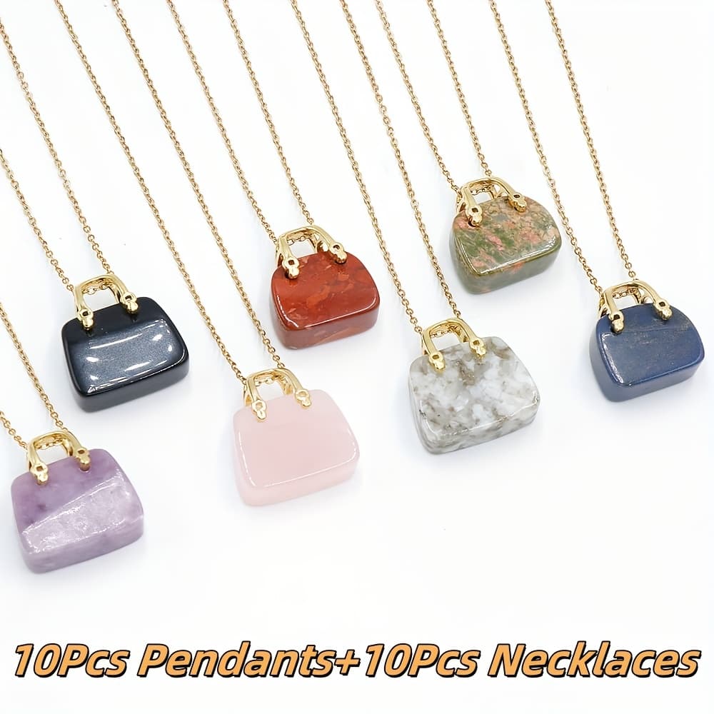 TEMU 20pcs Exquisite Mini Natural Stone Handbag Pendant Necklace Set - With Golden Necklaces, Suitable For Daily Wear Parties & Anniversaries, Perfect Festive Present
