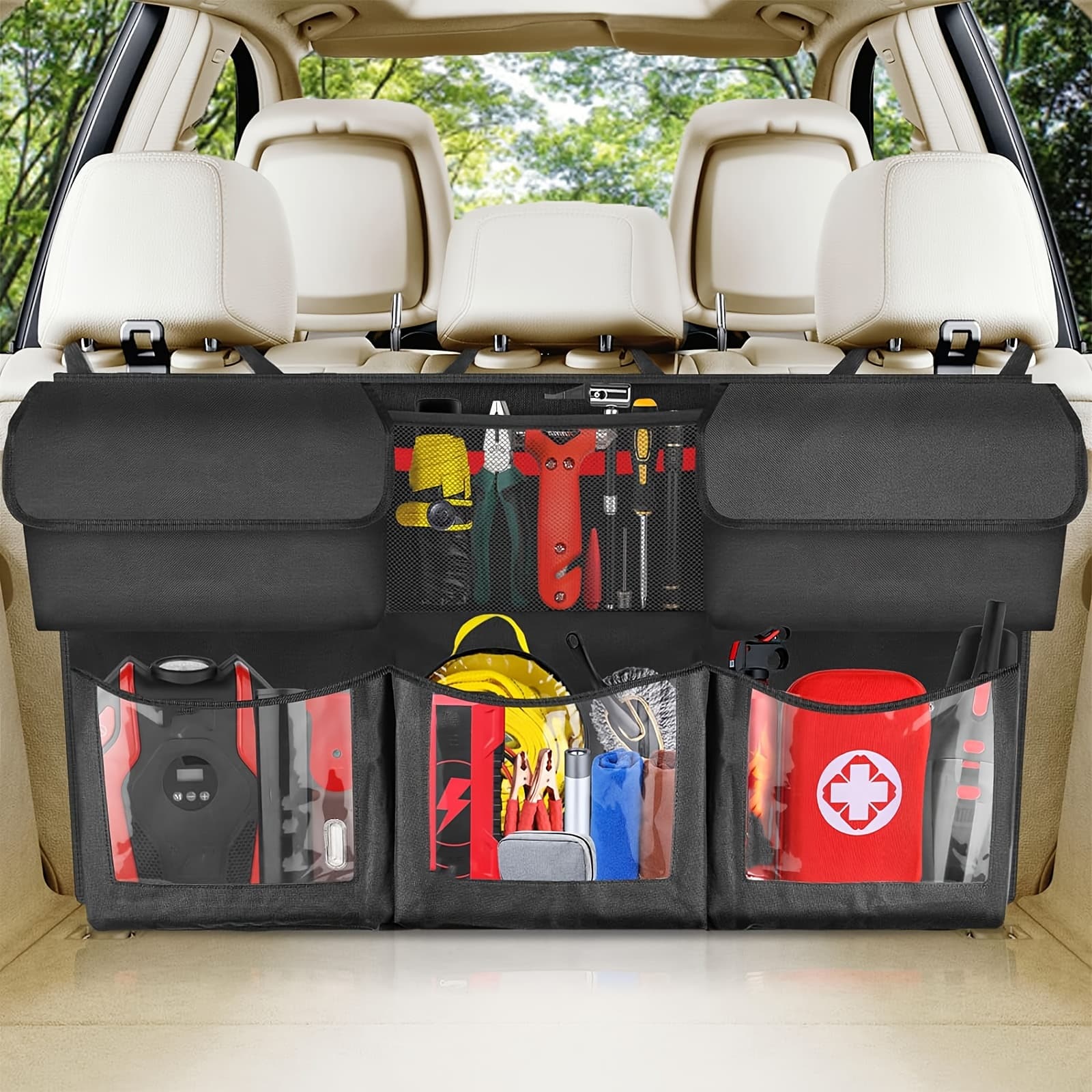 TEMU Rear Seat Trunk Organizer Suspended Car Organizer Trunk Foldable Cargo Storage With 6 Large Pockets 3 Adjustable Shoulder Straps 40x19 Inches