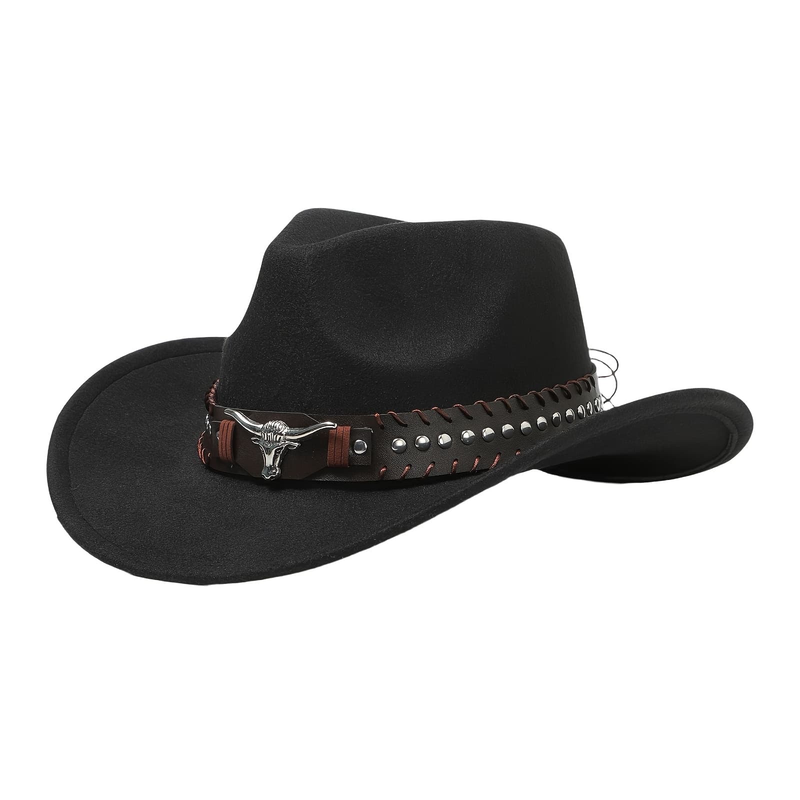 TEMU Men's Women's Cow Skull Rivet Decorated Western Cowboy Hat | Wide Brim, Suitable For Festivals, Outdoor Activities, Daily Wear, Lightweight, Non-stretch Fabric