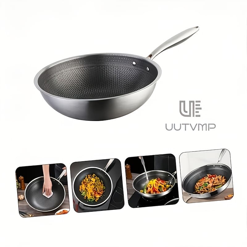 TEMU Uutvmp Honeycomb Wok Stir-fry Pan | Household , Large Capacity Deep Frying Pan, Induction Cooker Compatible Cookware. Made From Thick, Stainless Steel Through 1pc , Featuring A Honeycomb-