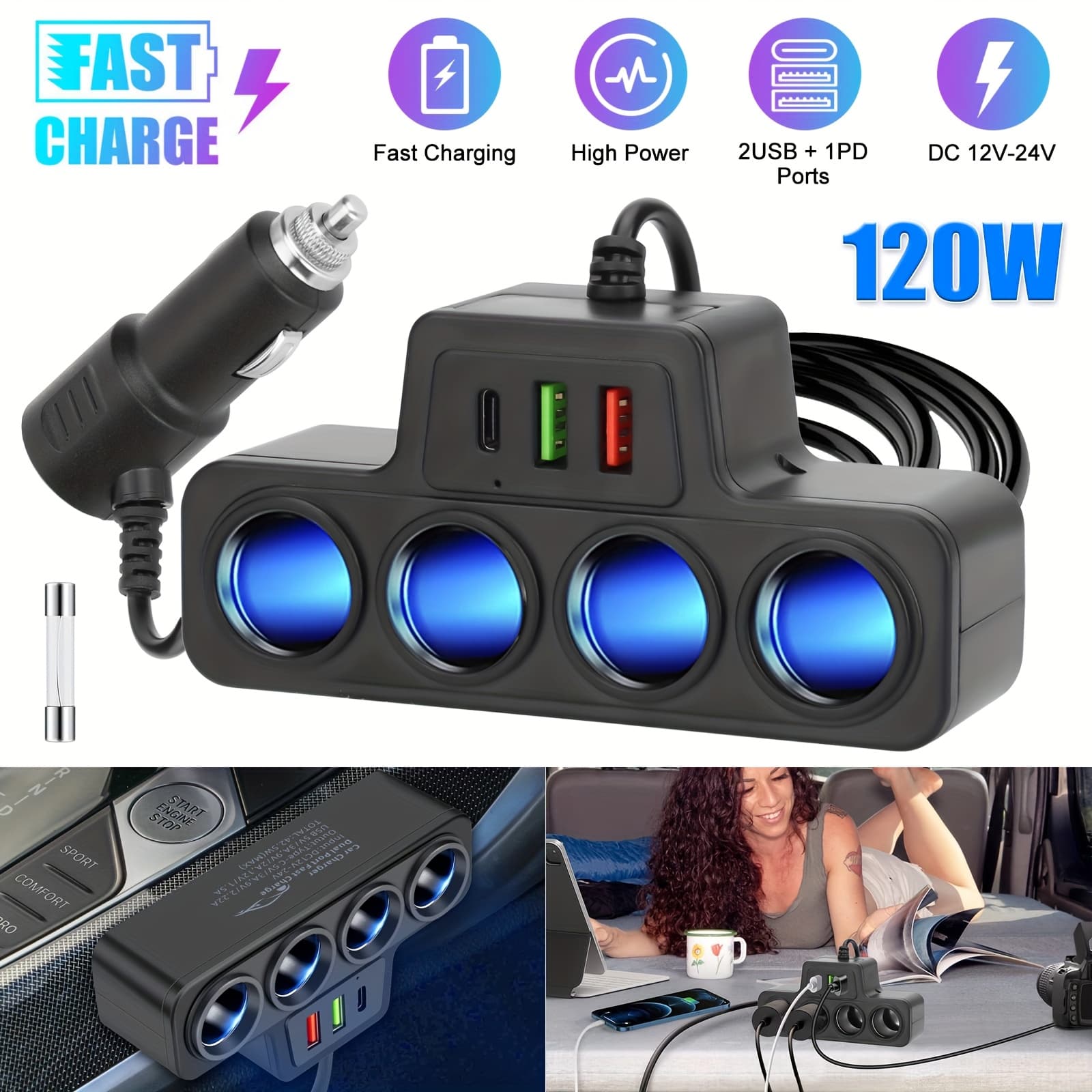 TEMU 7-in-1 Vehicle Lighter, Phone Charger Socket Splitter, Featuring 4 Lighter Ports, 2 Usb Qc3.0 Ports, 2 Pd Type-c Ports, And A 10a Fuse