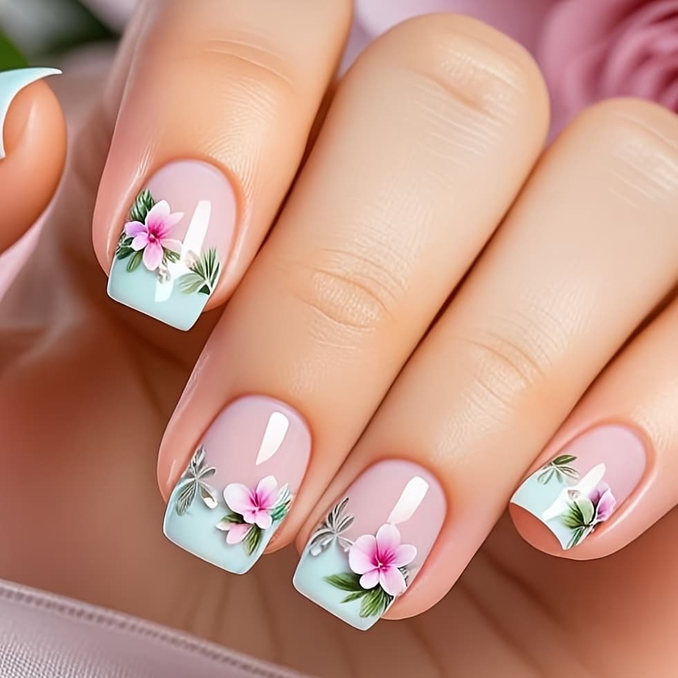 TEMU Light Pink Light Blue Floral Nail Art Gentle Short Square 24pcs Removable Nails