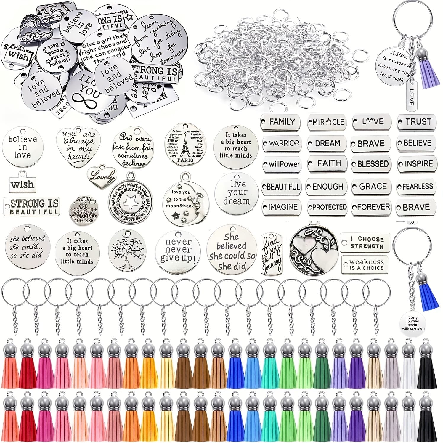 TEMU Set Of 350 Motivational Keychain Additions Including 50 Engraved Inspirational Word Charms, 50 Leather Tassels, 50 With Chains, And 200 Open Jump Rings For Keychain Crafting