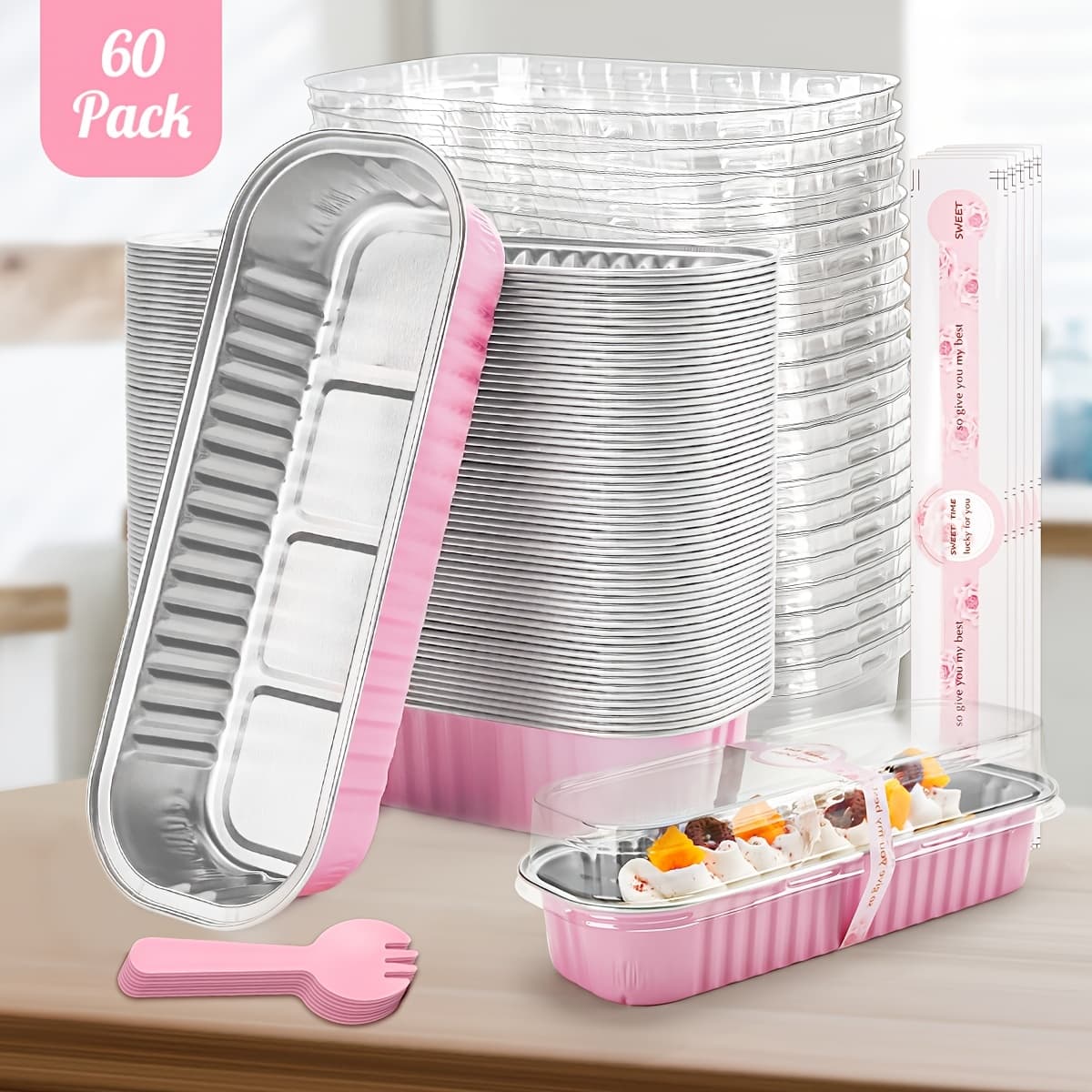 TEMU 60pack Mini Loaf Pans With Lids And Spoons Rectangular Aluminum Foil Baking Pans Mini Cheesecake Containers 6.8oz(pink)