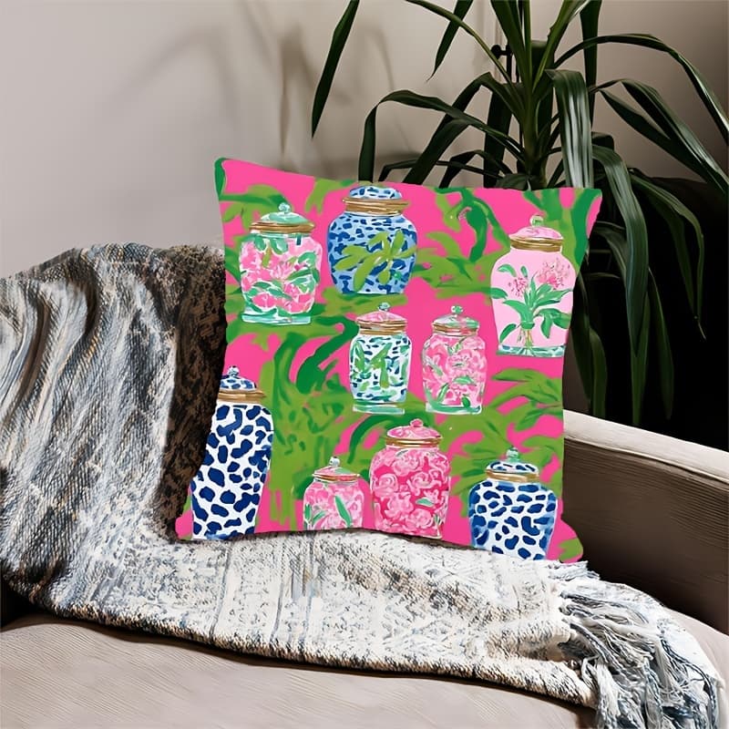 TEMU Modern 18x18 Inch Polyester Throw Pillow Cover With Zipper - Vibrant Pink Chinese Jars & Banana , Machine Washable For Living Room, Sofa, Bedroom Decor