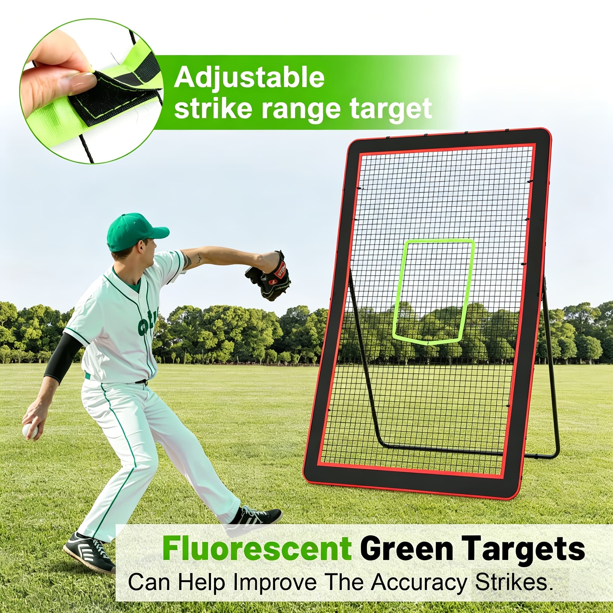 TEMU 4×7ft Rebounder Net, Soccer Rebounder With Adjustable 5 , 6 Ground Stakes, 1 Glove, Baseball Rebounder Net With Fluorescent Green Pitching , Net For Individual/team Baseball Training