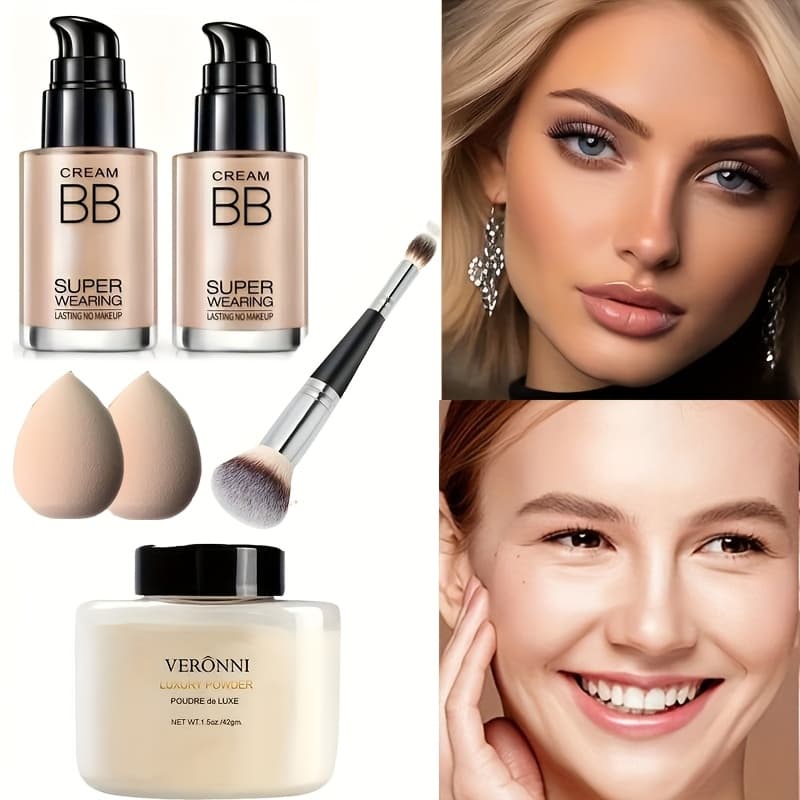 TEMU 2pcs Bb Cream And Setting Powder Set (includes Makeup Tools) Winter Concealer Transparent Oil-free Mattifying Setting Powder Long-lasting Wear Women's Make-up Set Gift