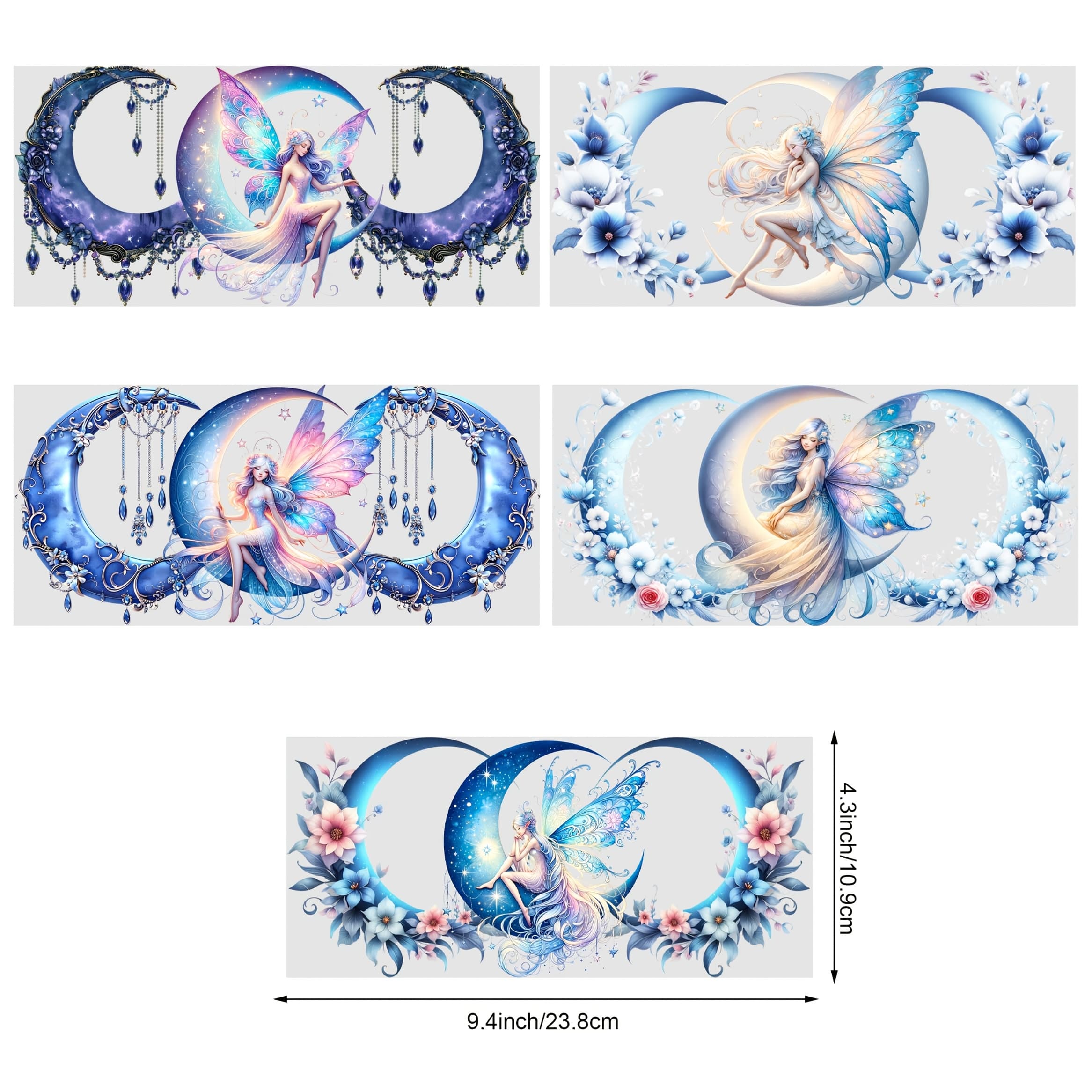 TEMU 5 Sheets Moon Fairy Uv Dtf Cup Stickers, Glass Cup Dtf Transfer Stickers, Fairy Wipeable Transfer Paper For 16 Ounces Glass Cups, Mugs, Crafts, Furniture