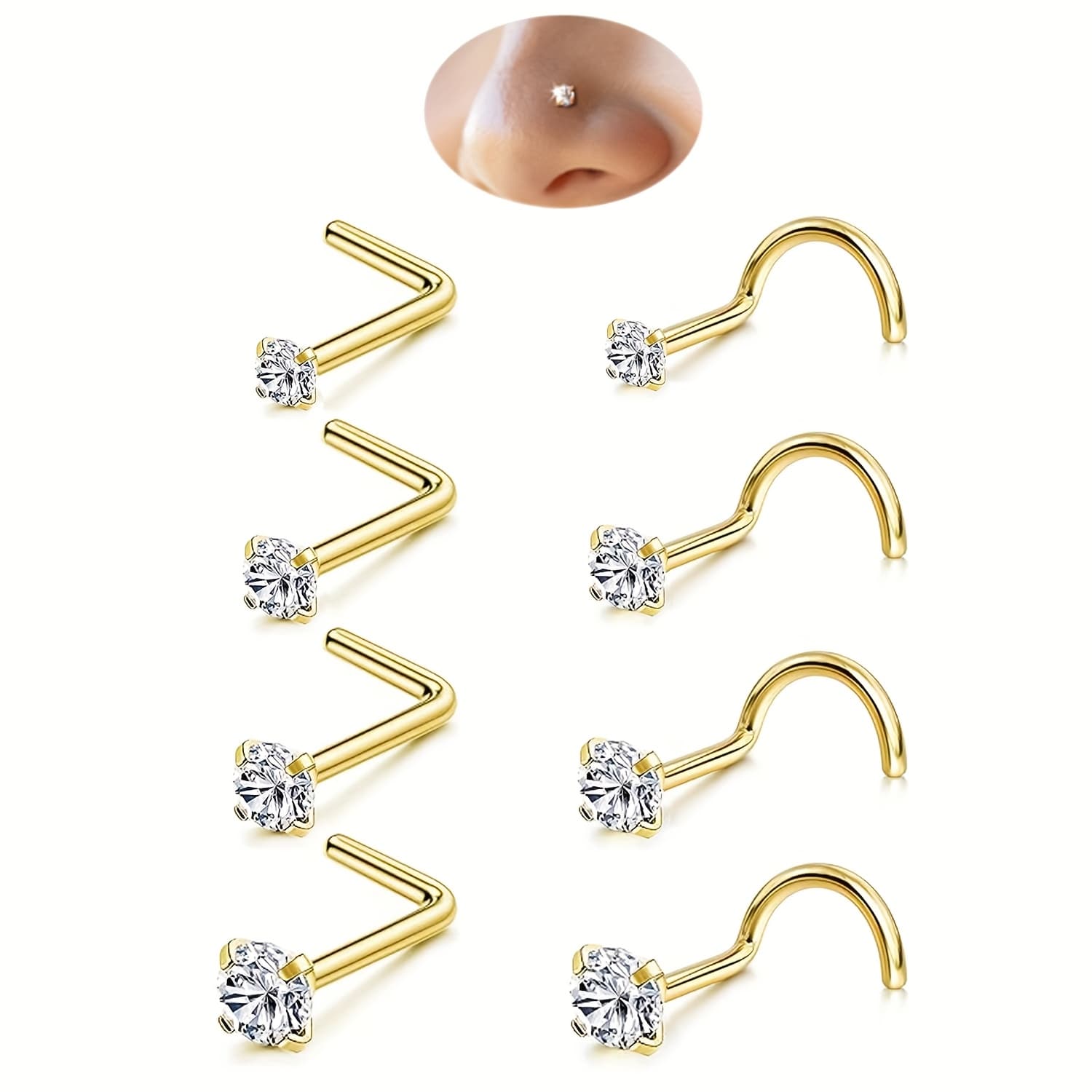 TEMU 8pcs Nose Rings Studs Set For Women Men - Hypoallergenic Golden/silvery 316l Surgical Stainless Steel Nose Studs L Shaped Corkscrew Body Piercing Jewelry For Nose Earring Studs Cz