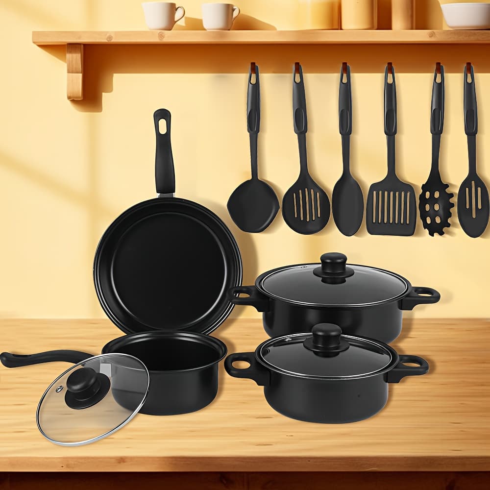 TEMU 13pcs Set, Portable Lightweight Cast And Frying Pan With Glass Lid For Induction Cooktop, Low Smoke, , Multi-functional, Great For Kitchen Outdoor Camping Perfect For Daily Cooking Use