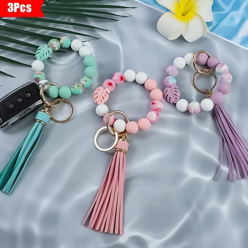 TEMU 3pcs/set Of Leaf Print Silicone Bead Bead Wrist Bracelet For Women Sweet Keychain For And Mothers Holiday Gift