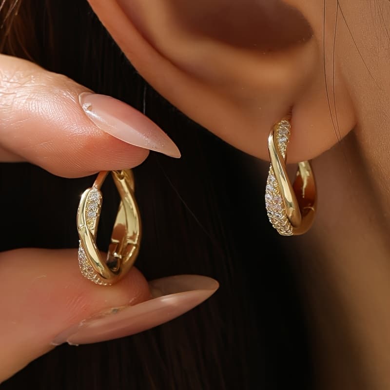 TEMU 1 Pair Of Elegant Minimalist Korean-style Interlocking Hoop Copper Earrings, With Shiny Synthetic Synthetic Zirconia, Suitable For Women' And Banquet Occasions