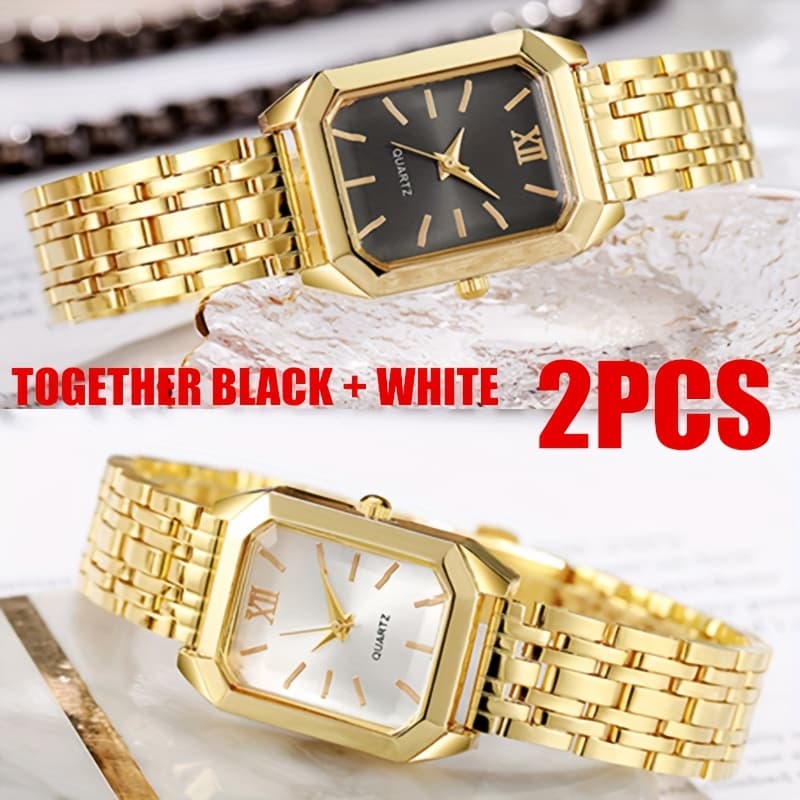 TEMU 2pcs/set Women's Elegant Wristwatch, Luxury Golden Exquisite Creative Casual Watches, For Ladies
