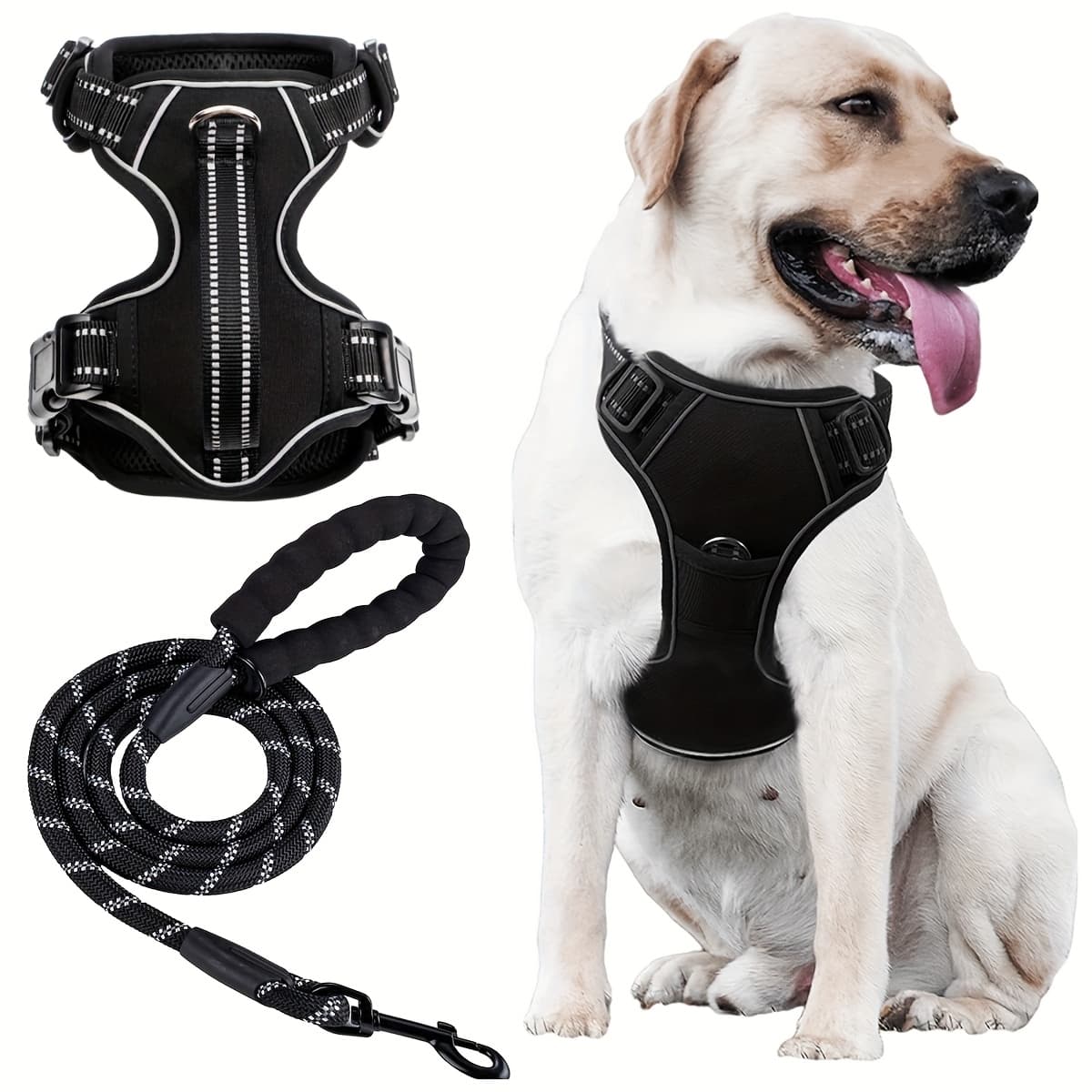 TEMU Dog Harness With 5ft Leash Bundle, Dog Vest With A Free , Adjustable Pet Harness Reflective Design, For Small, Medium, And Large Breed Dogs, Black/red/blue, S, M, L, Xl, Christmas Gift For Dogs