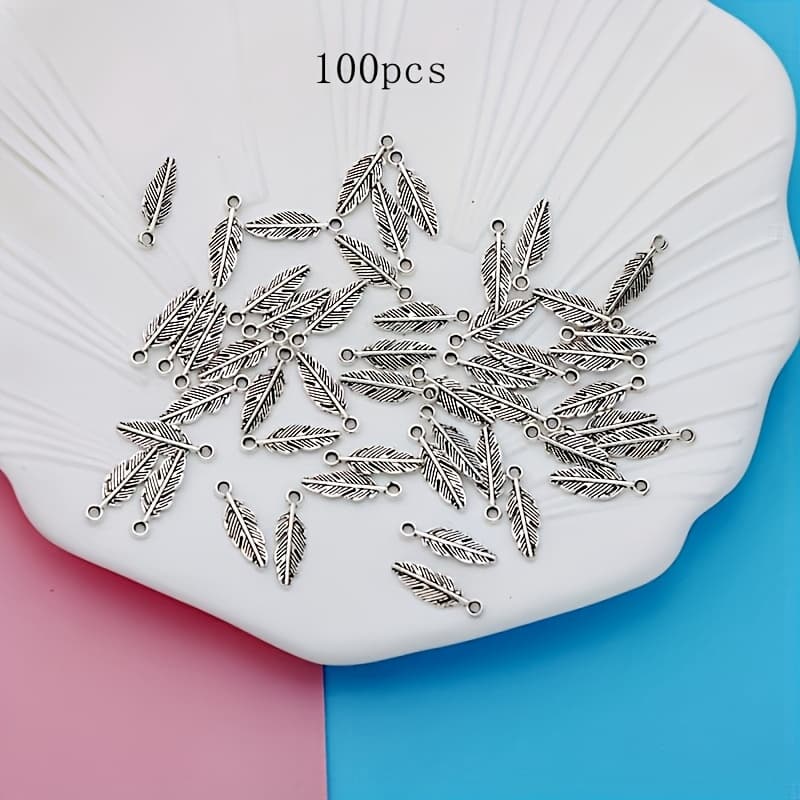TEMU 100pcs Of Small Business Supplies Featuring Alloy Plated Antique Silvery Leaf Charm Pendants, Suitable For Necklaces And Earrings In Jewelry Projects