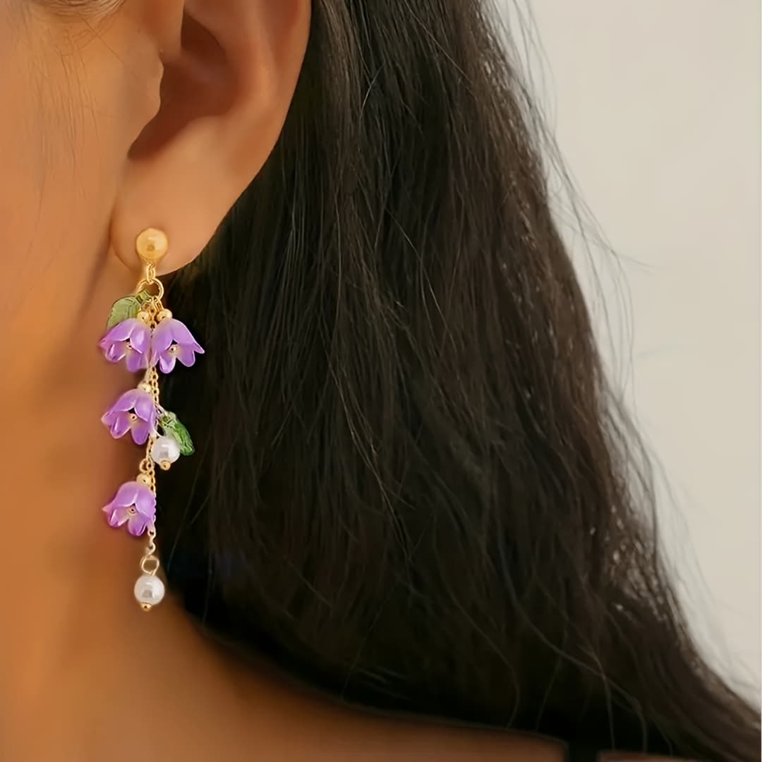 TEMU A Pair Of Exquisite Elegant Resort Style Lily Of The Valley Design Long Pendant Earrings Women's Gift