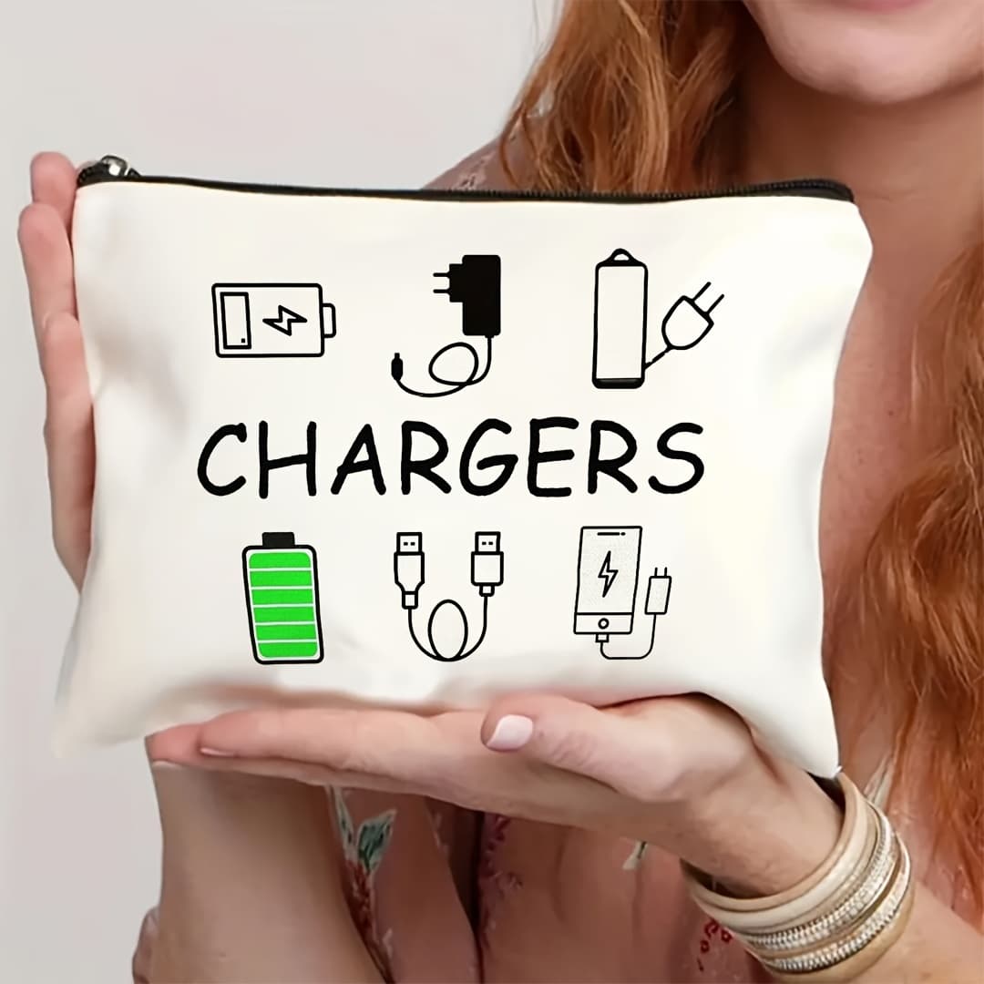 TEMU Chic Charger Print Cosmetic Bag - Versatile & Reusable Makeup Organizer For Travel, Vacation, Business, Fitness & - Ideal Gift For Women, Best For Christmas
