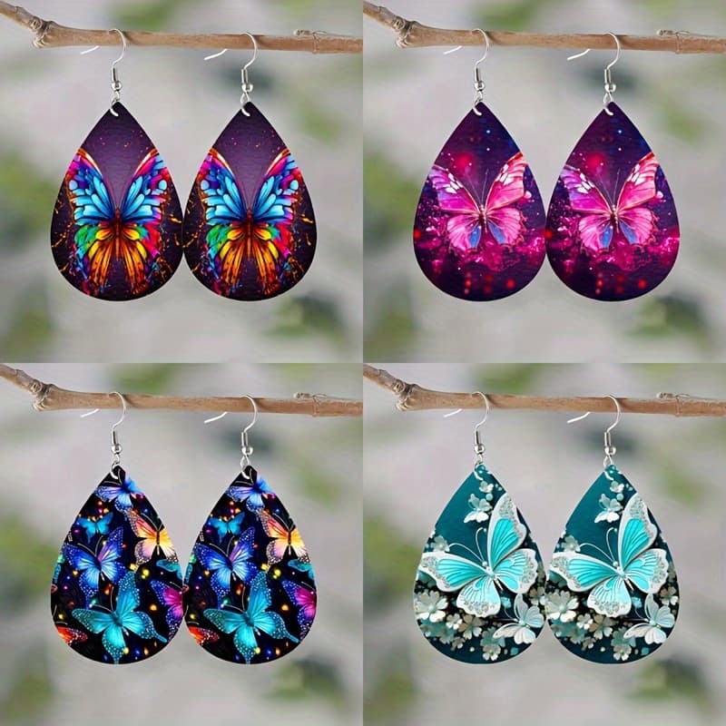 TEMU 4 Pairs Of Patterned Water Shaped Pu Leather Earrings, 3d Printed Insect Cute Animal Pendant Girl Jewelry