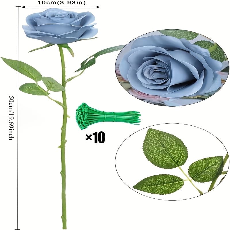 TEMU 11pcs Artificial Dusty Blue Roses Bouquet With Long Stems - Realistic Fabric Roses For Wedding, Bridal Shower, Party, And Home Decor