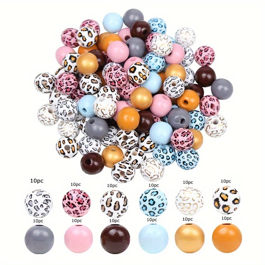 TEMU Efrey 120 Pieces Of Leopard Print Wooden Beads, Used For Jewelry Making, Colorful Loose Wooden Bead Handmade Bracelet Necklace Bead Decoration