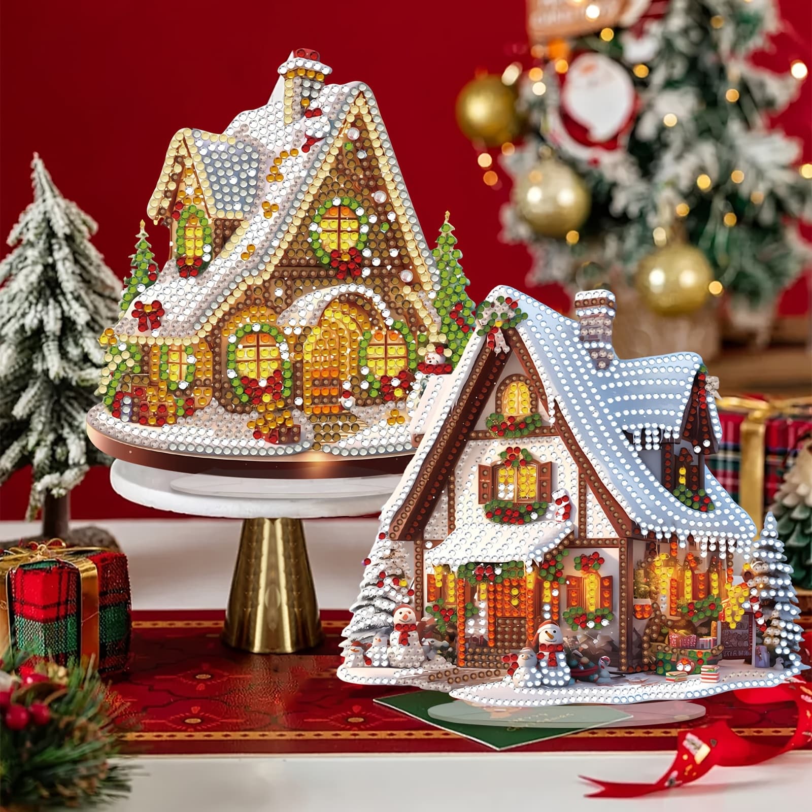 TEMU 2pcs 5d Diy Diamond Painting Kit - Sparkling Crystal Christmas House Ornaments, Handcrafted Art & For Holiday Parties, Perfect Gift Idea, Best For Christmas, Room Decor